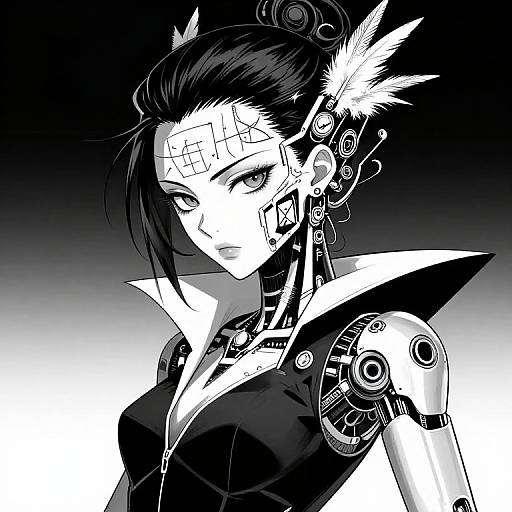 Monochrome manga-style drawing of a cybernetic woman with feathered hair, mechanical ear, and intricate facial tattoos, wearing a high-collared