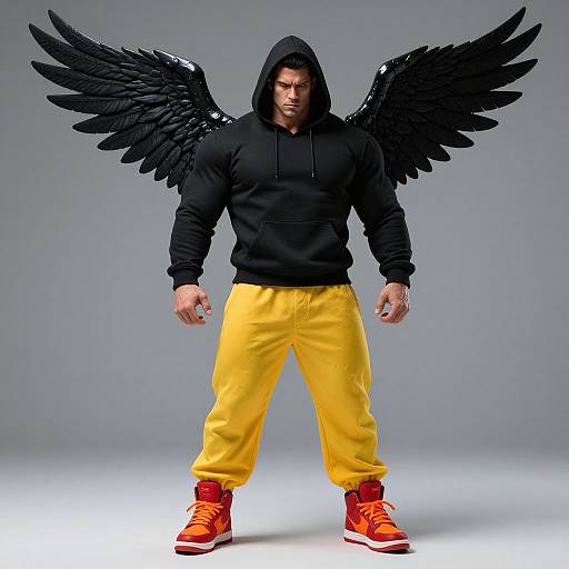 Brooding Winged Man in Vibrant Attire