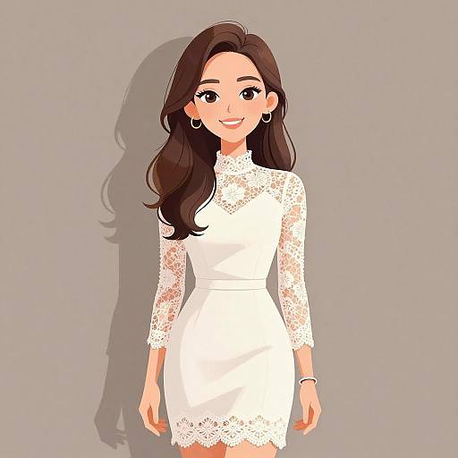 Digital illustration of a smiling woman with long brown hair, wearing a white lace dress and hoop earrings, against a gray background.