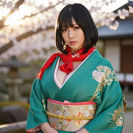 Photograph of an Asian woman with black bob haircut, wearing a teal kimono with floral embroidery, red neckerchief, and gold obi,