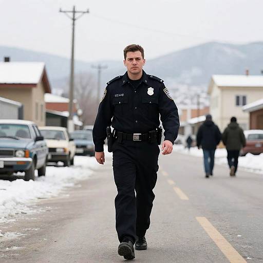Serious Officer on Snowy Desolate Street
