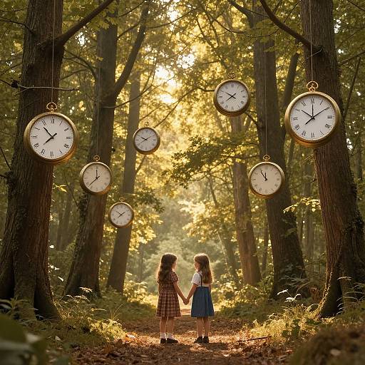 Photograph of two young girls holding hands, standing in a sunlit forest with large clocks hanging from trees, casting warm golden light.