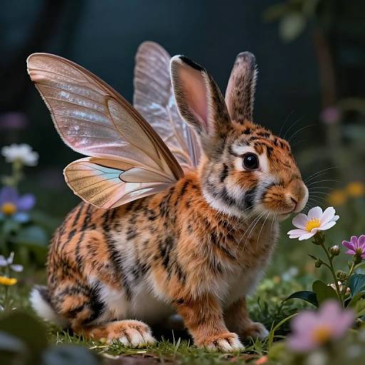 Photorealistic digital art of a bunny with transparent butterfly wings, brown and black striped fur, surrounded by colorful flowers in a garden.