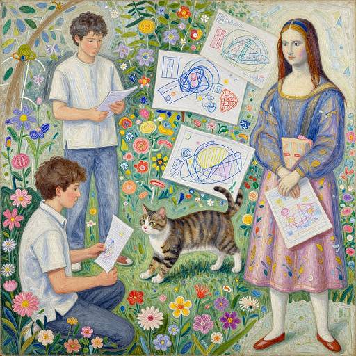 Cat Playing in Floral Garden Artwork