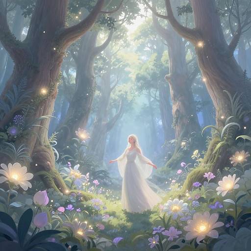 Digital fantasy art: Enchanted forest scene with glowing fireflies, white-robed ethereal woman, surrounded by blooming flowers, tall mossy
