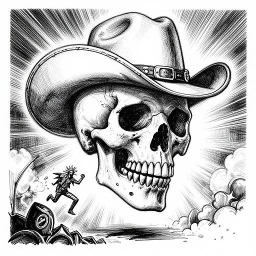 Black and white ink drawing of a grinning skull wearing a cowboy hat, with dynamic lines, small cowboy figure, and clouds.