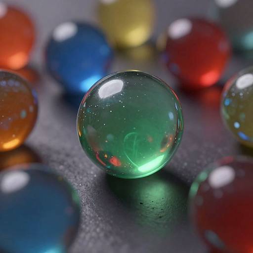 Close-up photograph of a green glass marble surrounded by colorful marbles (blue, red, yellow, orange), with reflections on a dark surface.