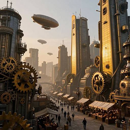 Steampunk cityscape at sunset: towering clock towers, floating airships, large gears, bustling market with people, illuminated by warm sunlight.