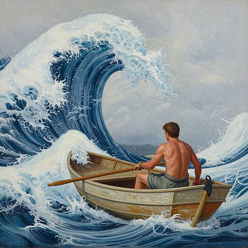 Shirtless man in wooden boat, rowing against massive, crashing ocean wave; vibrant digital painting with dynamic water textures and dramatic lighting.
