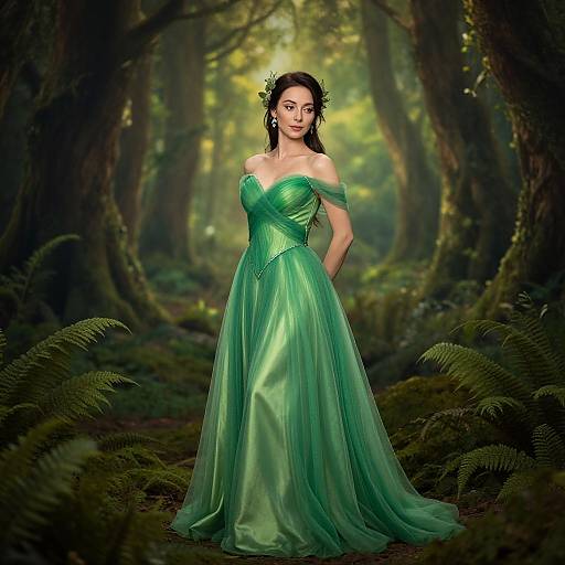 Photograph-style digital artwork of a fair-skinned woman with dark hair in a green, off-shoulder, flowing gown, standing in a mystical