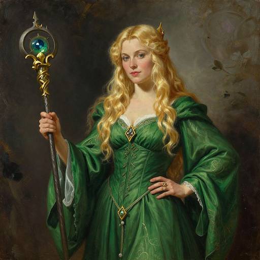 Digital painting of a regal blonde woman with long curls, wearing a green dress and crown, holding a golden staff with a blue gem. Dark,