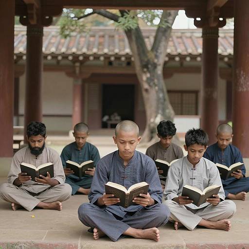 Boys Reading Books in Temple Courtyard