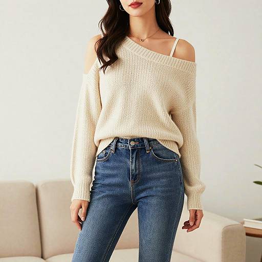 Photograph of a woman with long dark hair, wearing a white off-shoulder knit sweater and high-waisted blue jeans, standing in a