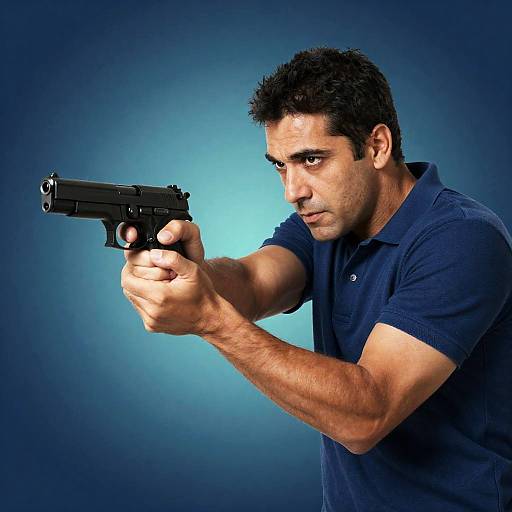 Man aiming handgun in blue polo shirt