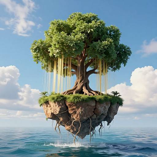 Digital artwork of a floating tree with cascading vines, rooted on a rocky island above a calm ocean, under a bright blue sky with fluffy clouds.
