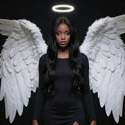 Digital artwork of a black woman with long hair, wearing a black long-sleeve top, white angel wings, and a glowing halo against a black