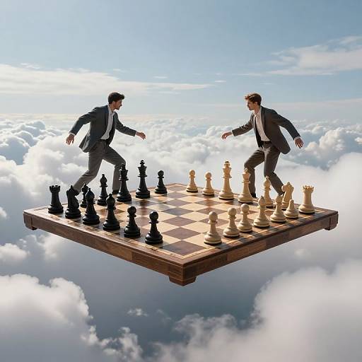 Two men in business suits, floating above clouds, play a chess game on a wooden board in mid-air. Photorealistic CGI.