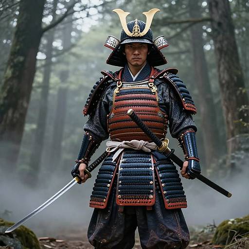 Powerful Samurai in Misty Forest