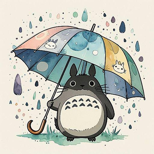Watercolor Totoro with Colorful Umbrella