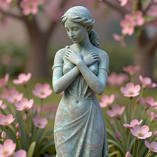 Photograph of a serene bronze statue of a young woman with closed eyes, hands crossed over her chest, standing in a garden filled with pink flowers and