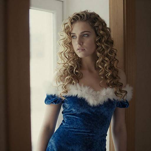 Young Woman in Blue Velvet Dress with Curly Blonde Hair