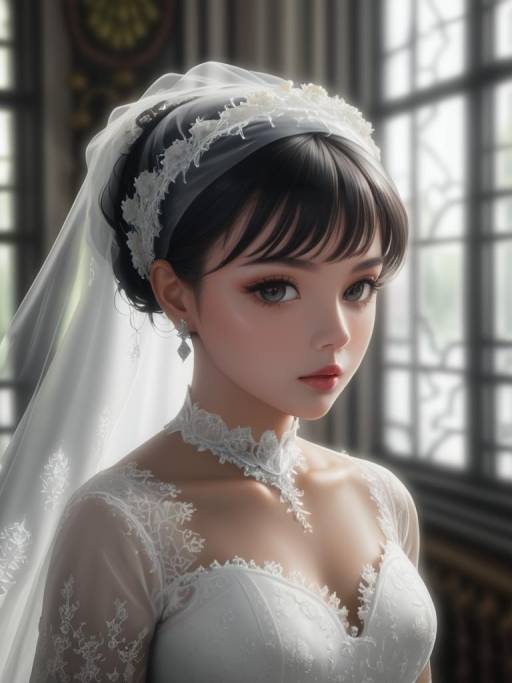 Bride in White Wedding Dress with Veil