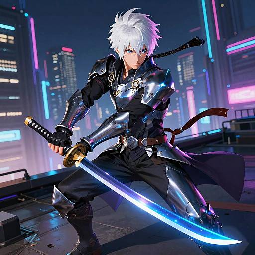 Digital anime artwork of a white-haired, blue-eyed male warrior in black armor, wielding a glowing blue sword in a neon-lit, futuristic cityscape