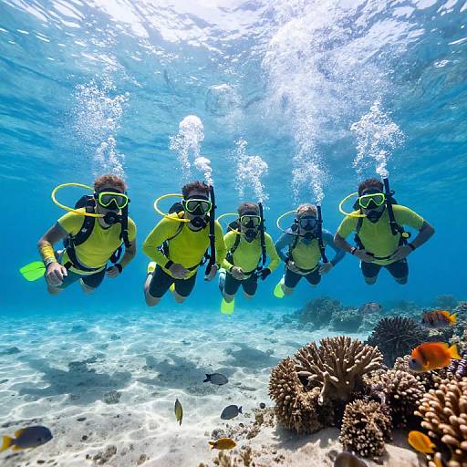 Photograph of five scuba divers in yellow suits and masks, descending underwater, surrounded by bubbles, coral reef, and colorful fish.