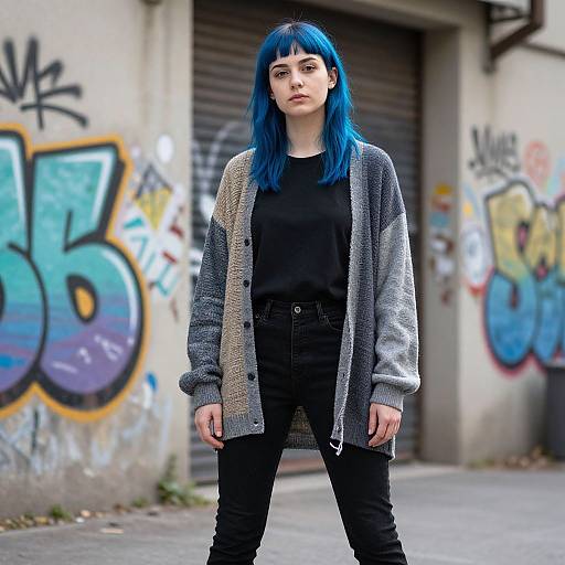 Photograph of a young woman with blue hair, wearing a gray cardigan over a black top and black pants, standing in a graffiti-covered urban alley