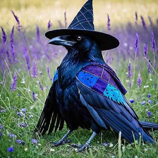 Crow in Witch Hat and Cloak in Meadow