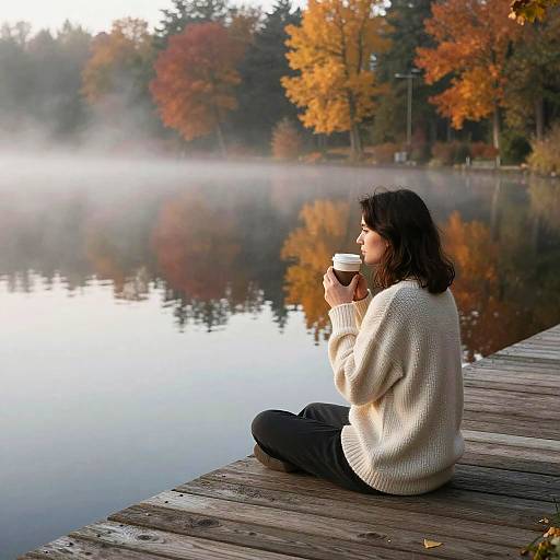 Photograph of a woman with dark hair, wearing a white sweater and black pants, sipping a coffee on a wooden dock, overlooking a calm lake