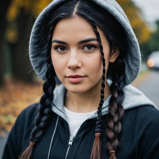 Young Woman with Twin Braids in Hooded Jacket