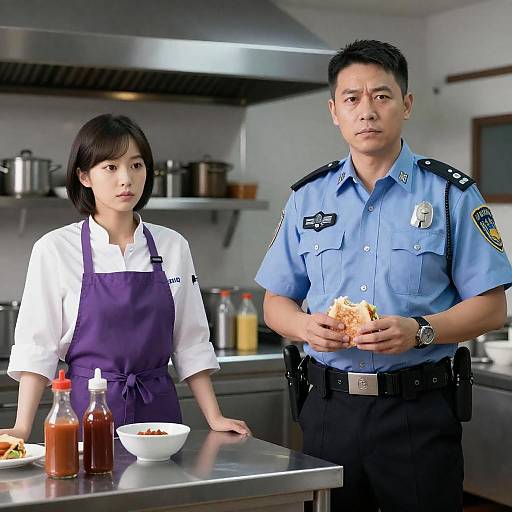 Dynamic Kitchen Scene with Police Officer and Chef