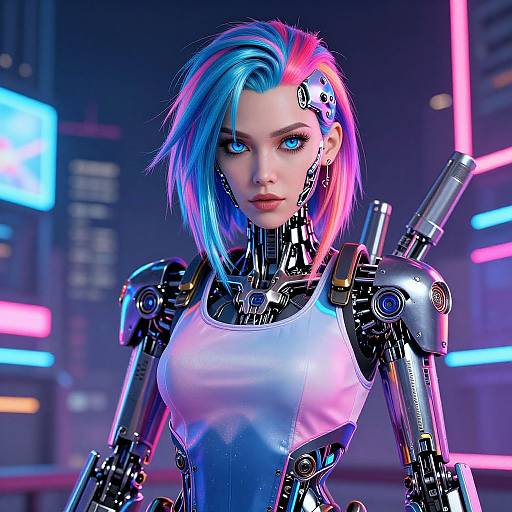 CGI cyberpunk portrait of a blue and pink-haired, blue-eyed, robotic woman in a white tank top, neon-lit city background.