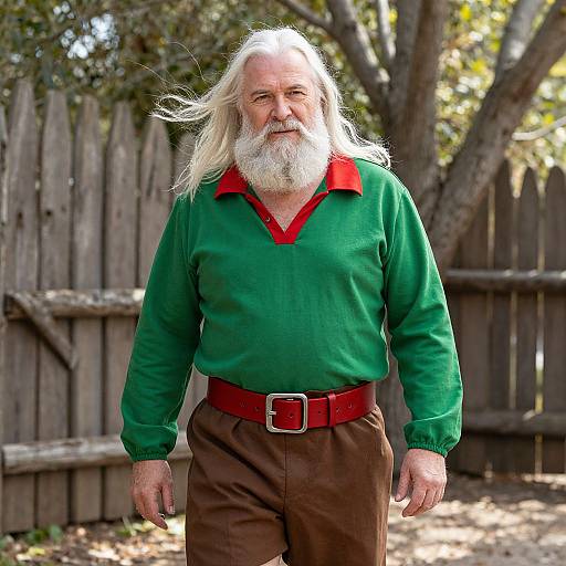 Photograph of an elderly white man with long white hair and beard, wearing a green shirt with red collar, brown pants, and red belt, standing
