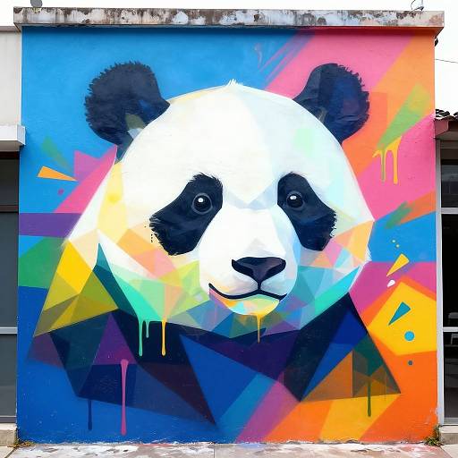 Vibrant graffiti mural of a panda with black ears, white face, and colorful geometric patterns on a blue and pink background.