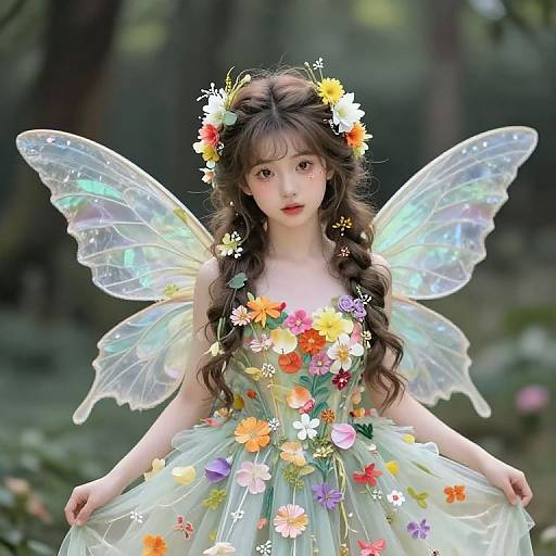 Digital artwork of a young Asian fairy with long brown hair, wearing a flower-adorned dress and iridescent wings, standing in a lush forest