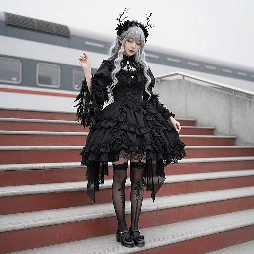 Woman in Gothic Black Dress on Train Steps