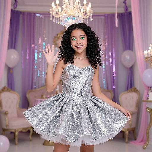 Photorealistic CGI of a smiling young girl with curly black hair, wearing a silver sequined dress, waving in an elegant, purple-lit ball