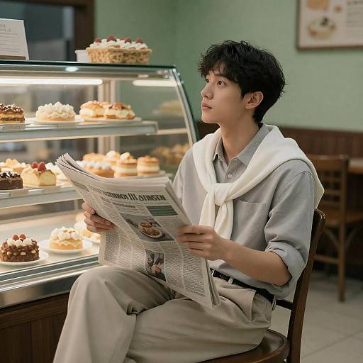 Young Asian Man Reading Newspaper in Bakery