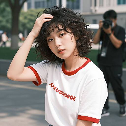 Photograph of an Asian teenager with curly black hair, wearing a white t-shirt with red trim and 