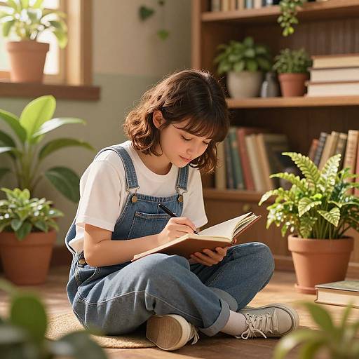 Photograph of a young girl with brown hair, wearing denim overalls and white sneakers, sitting on the floor reading a book in a sunlit room