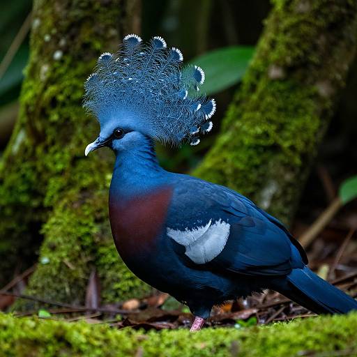 Photograph of a vibrant blue bird with a distinctive white and blue crest, standing on mossy forest floor, surrounded by green foliage.