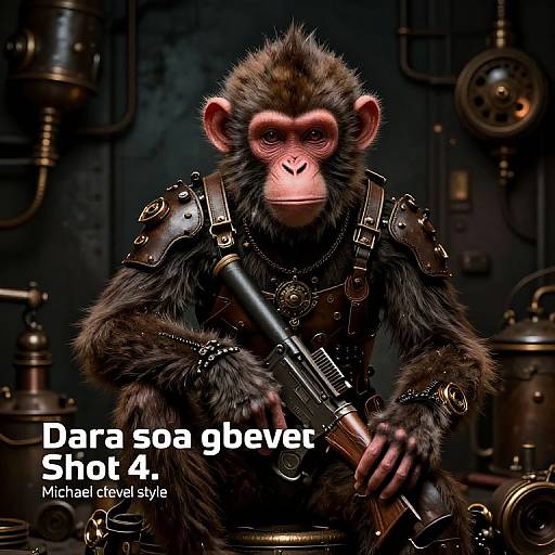 Digital artwork of a cybernetic monkey in dark, steampunk armor holding a shotgun, with text 