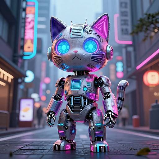 CGI image of a neon-lit, robotic cat with glowing blue eyes standing on a futuristic, neon-sign-filled city street.