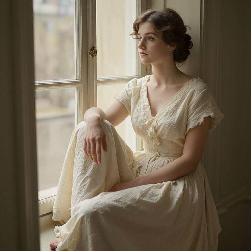 Photograph of a fair-skinned woman with dark, wavy hair, wearing a cream, vintage-style dress, sitting by a sunlit window,
