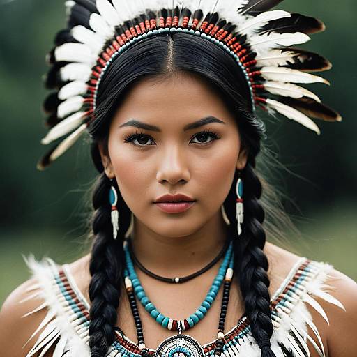 Native American Girl with Headdress and Jewelry