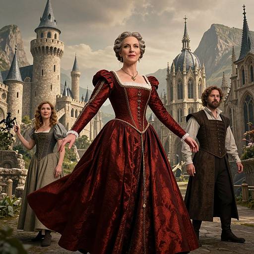 Photorealistic digital painting of a regal woman in a maroon Renaissance gown, flanked by a man and woman in medieval attire, in front