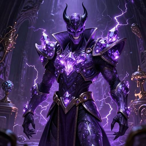 Digital artwork of a dark, muscular demon in purple, glowing armor with lightning bolts, sharp horns, and a menacing grin, standing in a grand,