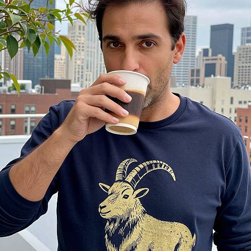 Photograph of a dark-haired man with light skin, wearing a navy blue shirt with a gold goat graphic, sipping a coffee, with a city